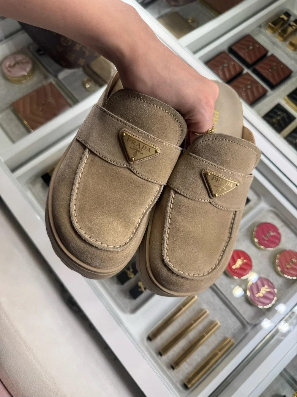 Prada Taupe Suede Slip-On Loafer Mule with Gold Triangle Logo
